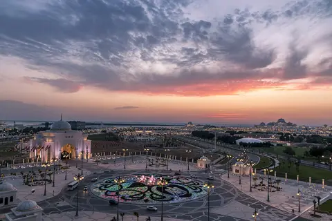 Qasr Al Watan — The palace exterior in the evening light.