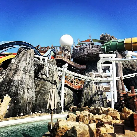 Yas Waterworld — A view of Yas Waterworld’s water-park setting.