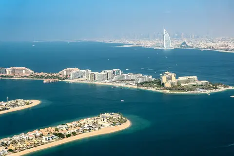 The coast and Bluewaters Island seen beyond the Palm’s fronds from The View