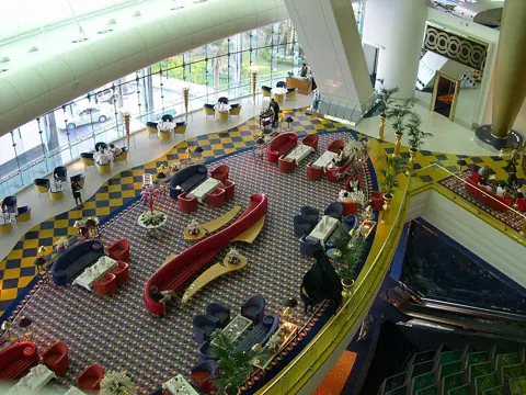 The hotel’s colourful atrium seen from above
