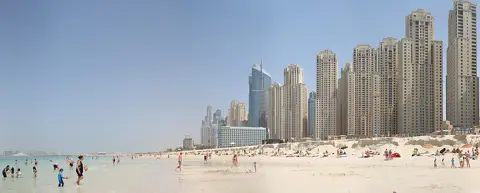 The sandy beachfront beside the Dubai Marina and JBR skyline