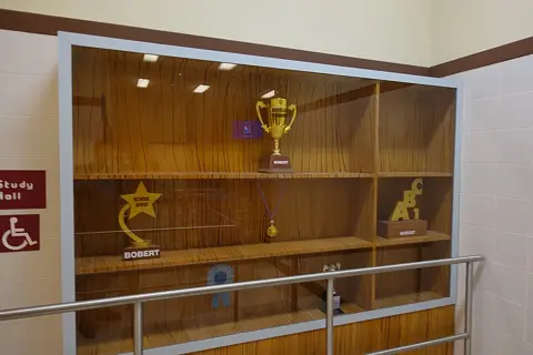 Display cases and queue railings in a themed interior
