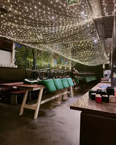 A shaded seating space at Alserkal Avenue