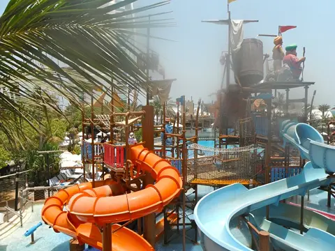 Colourful slides and a splash-play structure at Wild Wadi Waterpark, photographed in 2012