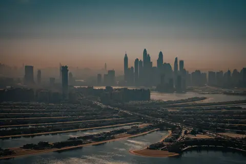 Dubai Harbour and the Marina skyline from above, photographed in January 2022