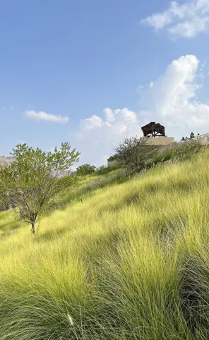 Grassy hillside beneath a small stone watchtower