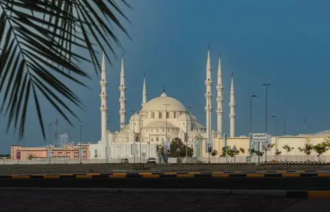 فجیرہ کی شیخ زاید مسجد، کھجوروں کے پیچھے کریم رنگ کے گنبد اور چھ باریک مینار۔