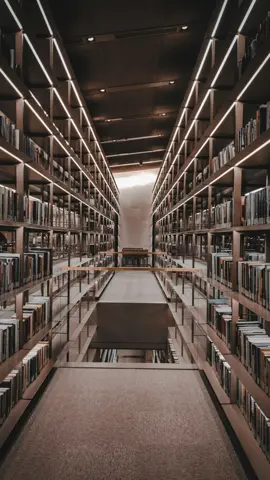 ہاؤس آف وزڈم میں روشن کتابوں کی الماریاں اور شیشے کی ریلنگ، 2022 کی تصویر۔