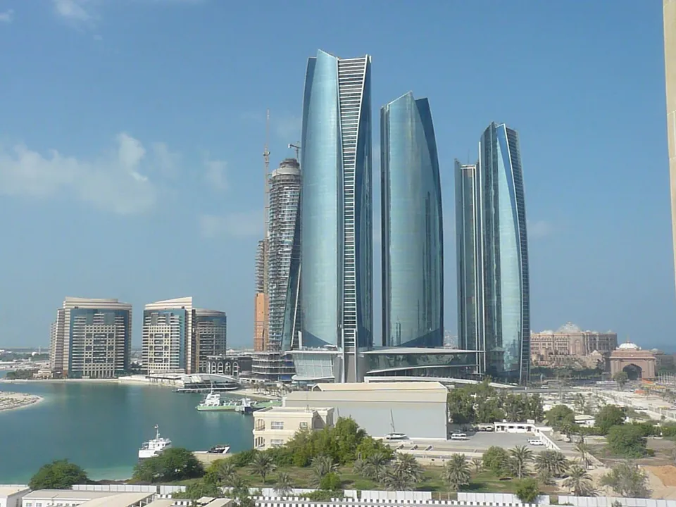 Etihad Towers complex containing Conrad Abu Dhabi; exterior photograph from 2012