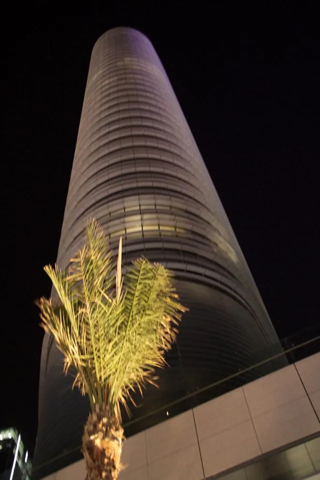 Rosewood Abu Dhabi hotel tower at night, historical photograph from 2014