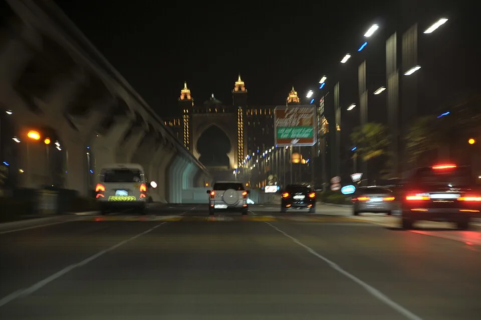 Atlantis, The Palm visible on the approach road at night