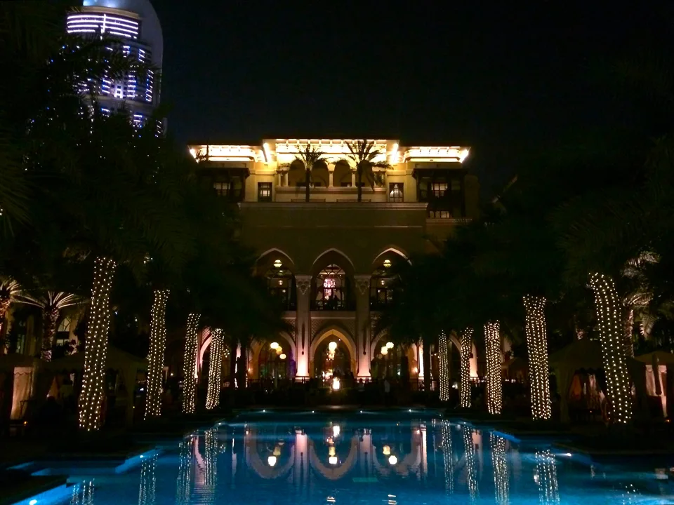 Palace Downtown courtyard and illuminated water feature, photographed in 2015